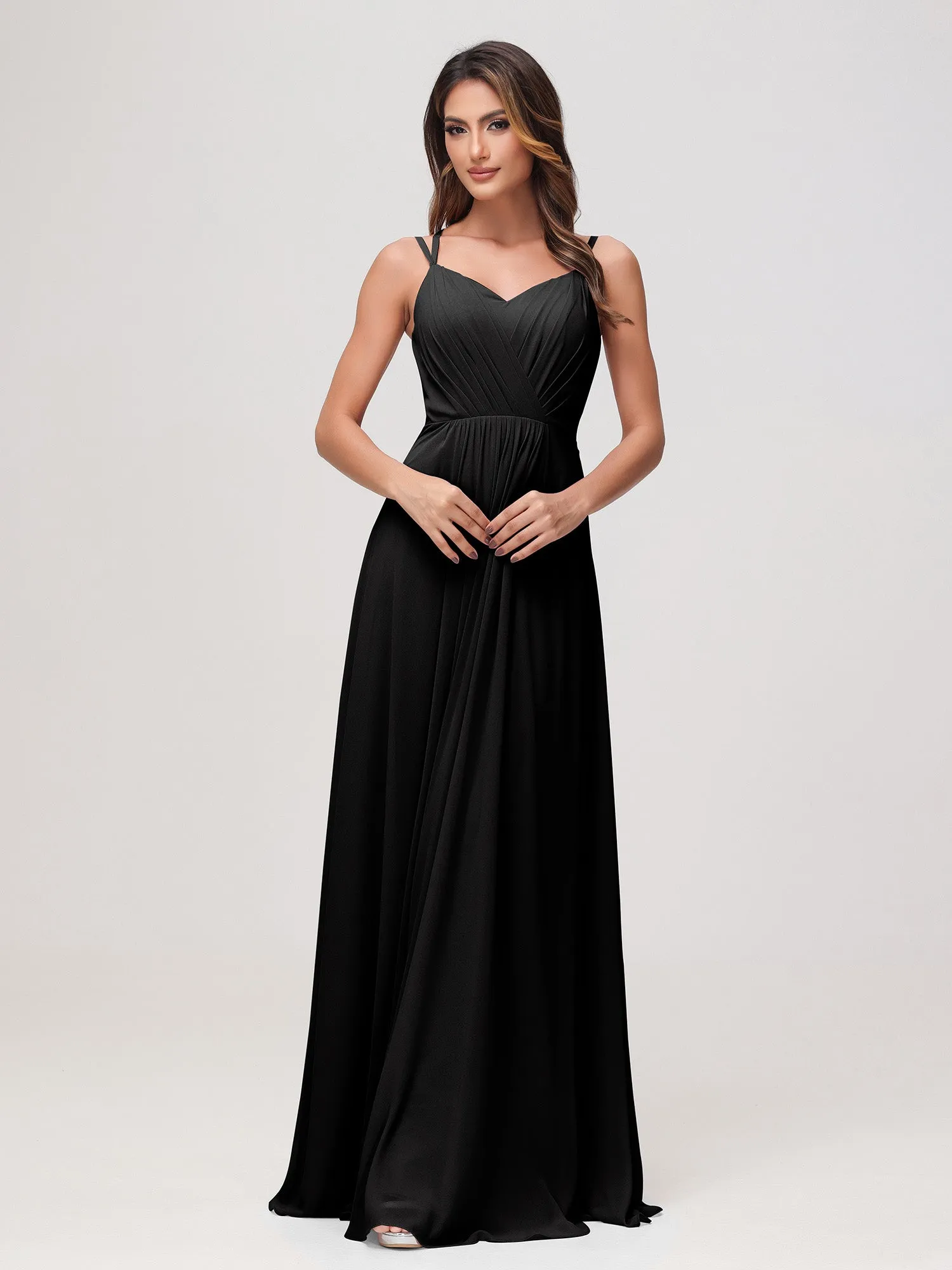 A-Linie Herz-Ausschnitt Raffung Chiffon Kleid Schwarz