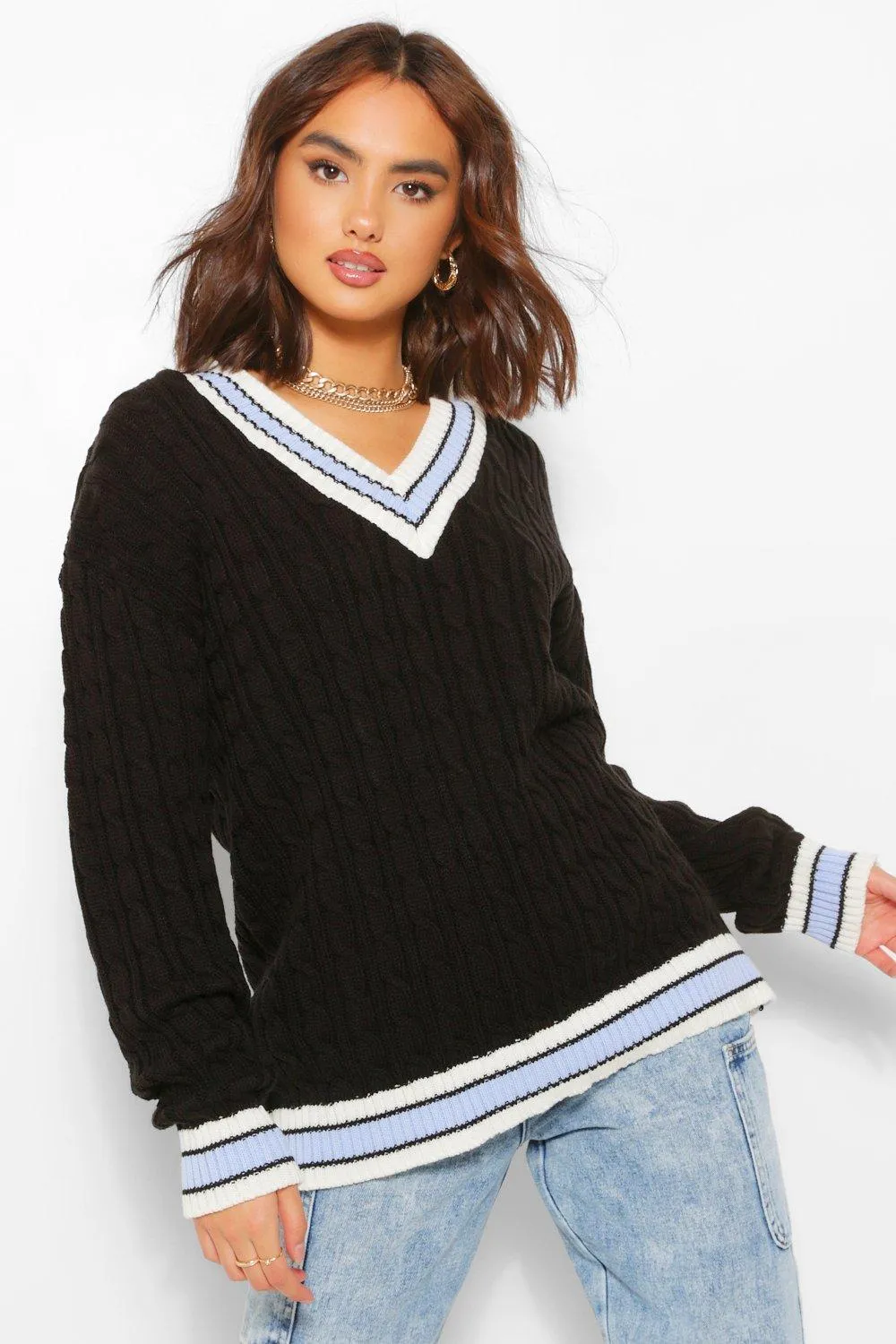 College-Strickpullover mit Zopfmuster