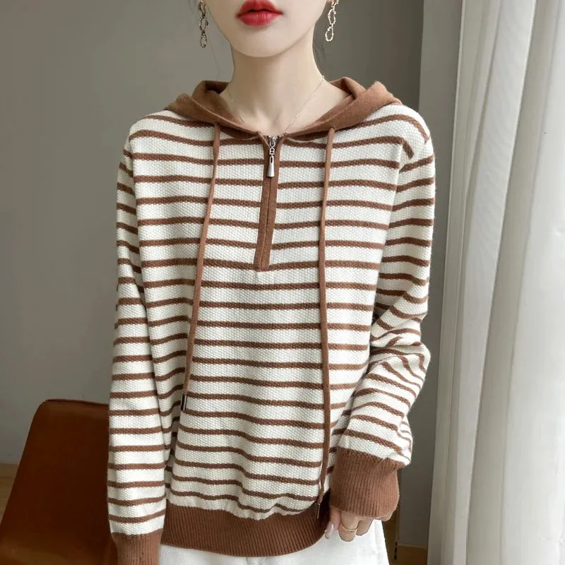 Heidi-Mode | Pullover Strick mit langen Ärmeln und Kapuze für Frauen