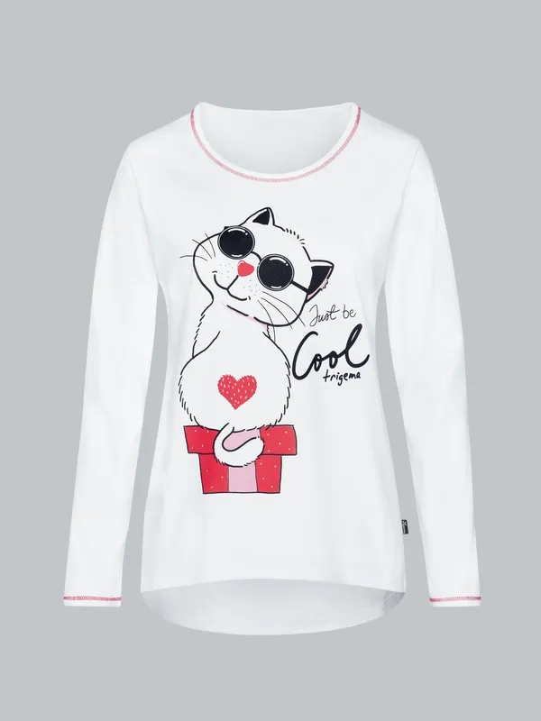Pyjama-Oberteil mit süßem Katzen-Print Weiss